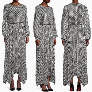 🔥Donna Karan Black and White Deco Belted Pleat Dress